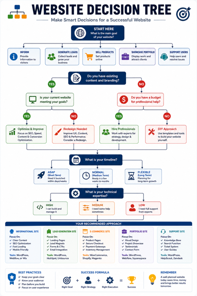 Website decision tree showing when to optimize, repair or redesign a business website
