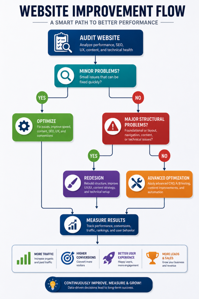 The actual cost depends on website size, technology, business requirements, existing content, and technical complexity. A professional website audit should normally be completed before deciding between optimization and redesign.