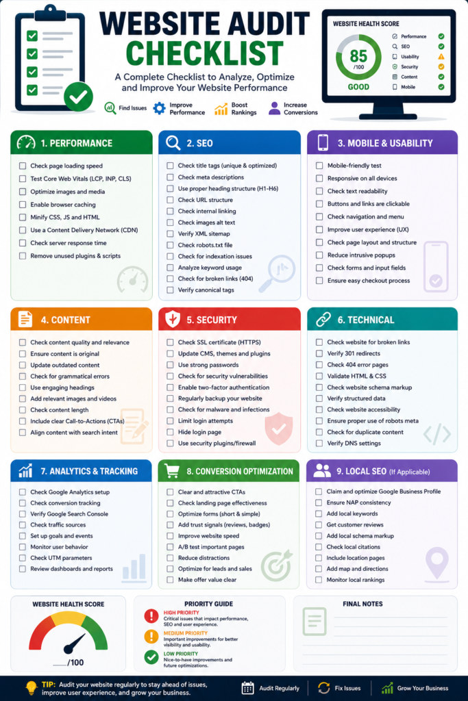 Website audit checklist covering strategy, content, user experience, SEO, performance and trust