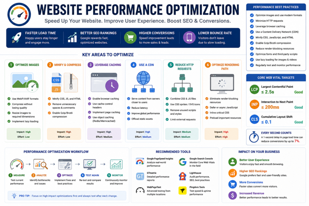 Website Performance Optimization infographic showing image optimization, browser caching, CDN, compression, JavaScript optimization, CSS optimization, lazy loading, HTTP request reduction, and Core Web Vitals improvements for technical SEO.