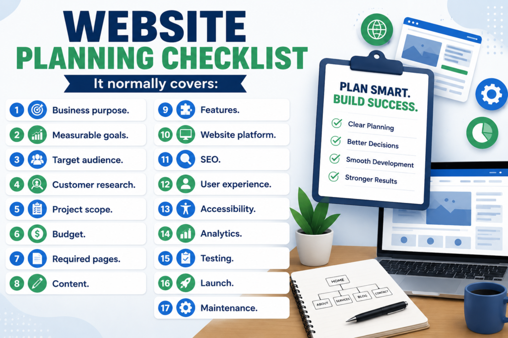 Website planning checklist featuring 21 critical steps for goals, audience, content, platform, design, SEO, testing and launch.