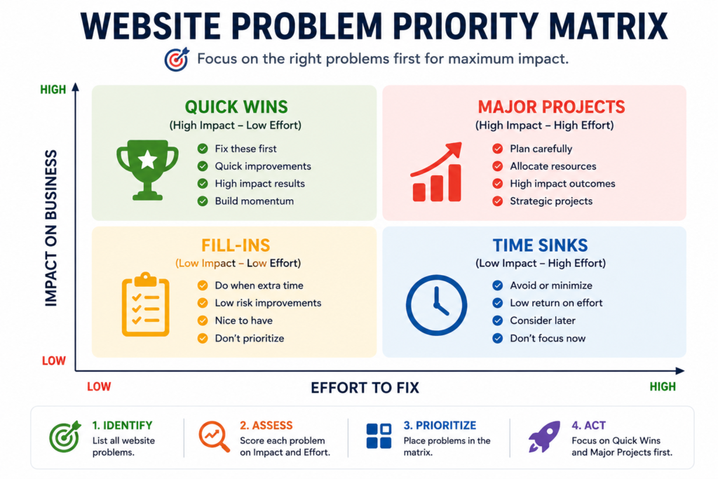 Website problem priority matrix showing critical, high, medium and low priority issues