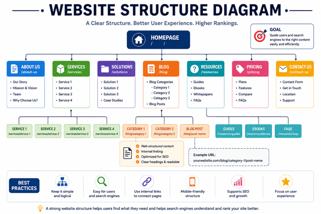 Professional business website structure with services, portfolio, pricing, blog, about and contact pages