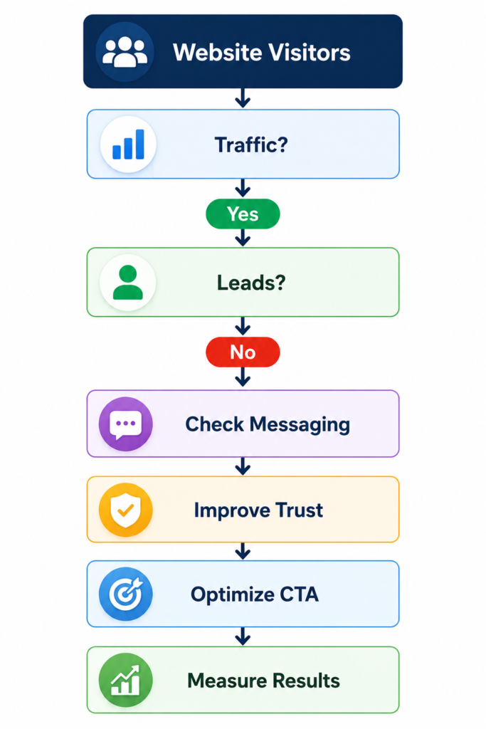Professional vertical infographic titled "Website Conversion Optimization Workflow" showing a step by step process for improving website conversions. The flow begins with Website Visitors, followed by Traffic? If Yes, it proceeds to Leads? If No, the workflow continues through Check Messaging, Improve Trust, Optimize CTA, and ends with Measure Results. Each stage is displayed in modern color coded boxes with relevant icons and connected by downward arrows on a clean white background, illustrating a structured conversion rate optimization and lead generation process.