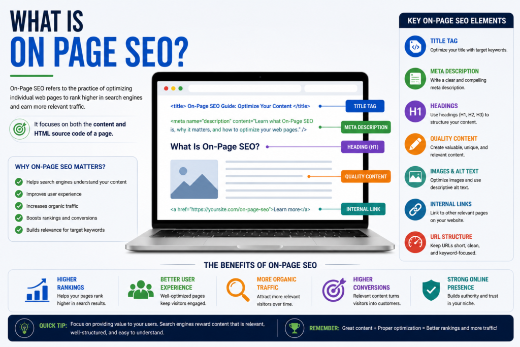 Complete On Page SEO diagram showing keywords, headings, content, schema, internal links, images, and Core Web Vitals.
