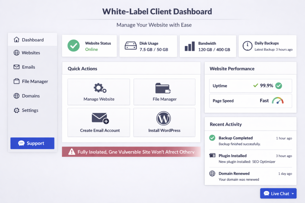 Hostinger Agency Hosting white-label client dashboard with unbranded interface