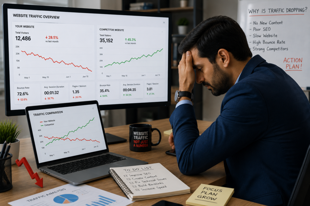 Business owner frustrated by declining website traffic and poor Google search rankings.