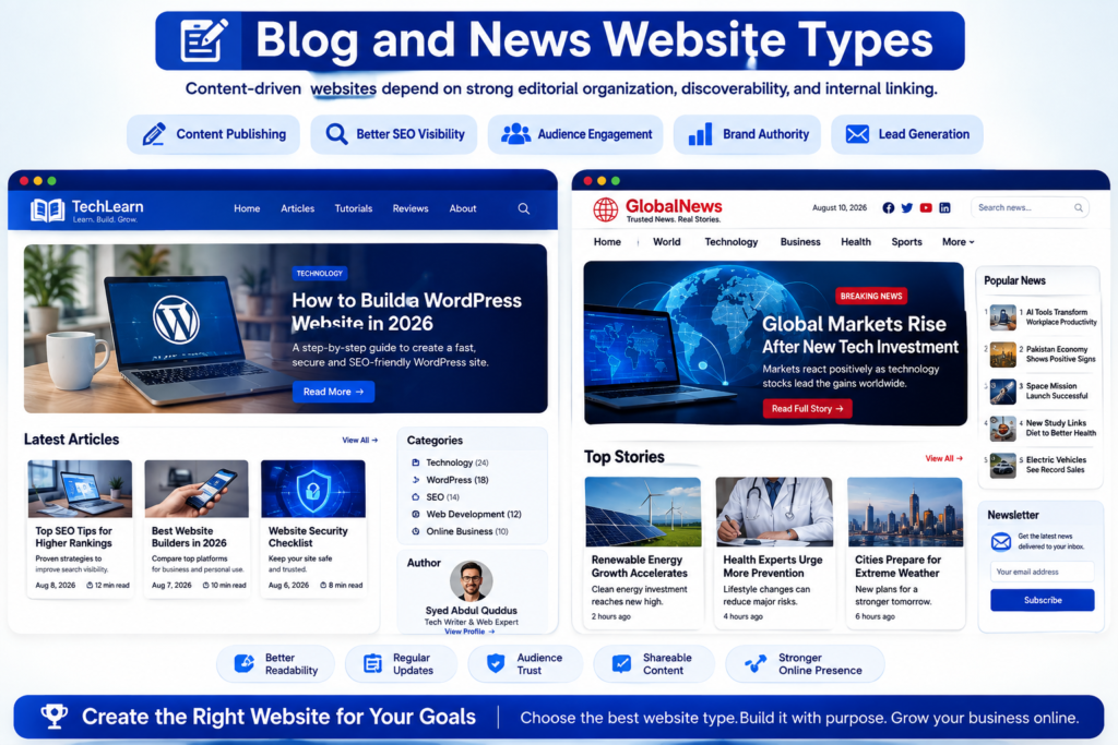 Blog and news website layouts showing articles, categories, authors, search, and featured content.