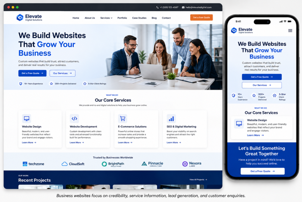 Professional business website showing services, company information, trust signals, contact forms, and calls to action.