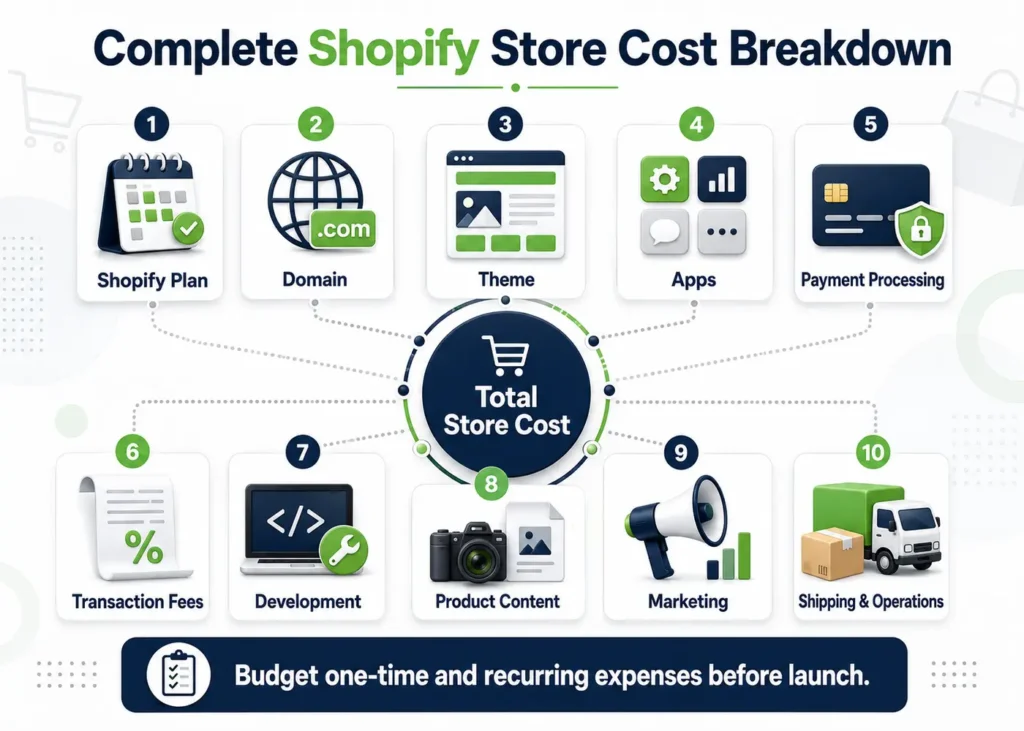 Complete Shopify store cost including plans, themes, apps, payments, and marketing