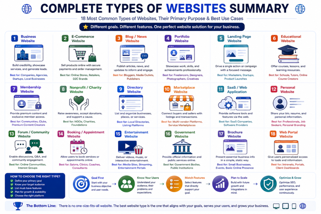 Complete summary of 18 types of websites and their primary uses.