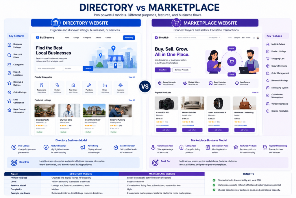 Directory and marketplace website comparison showing listings, sellers, buyers, search, payments, and reviews.
