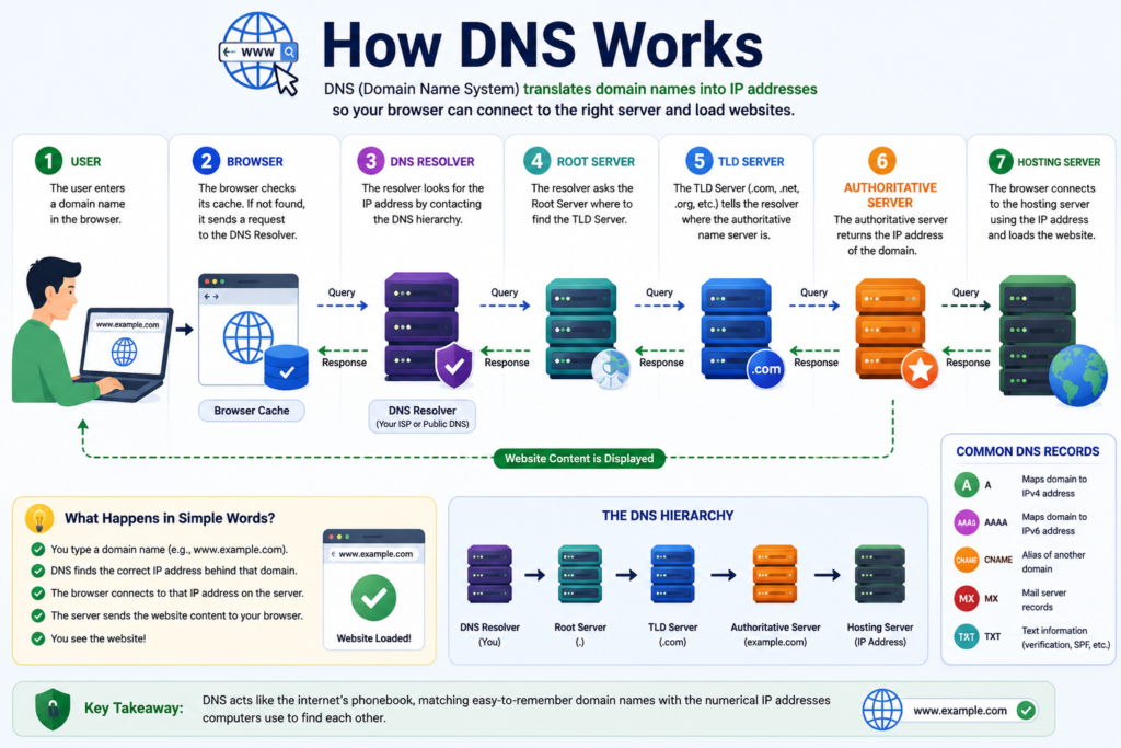 DNS workflow illustrating how a domain name resolves to a web server.
