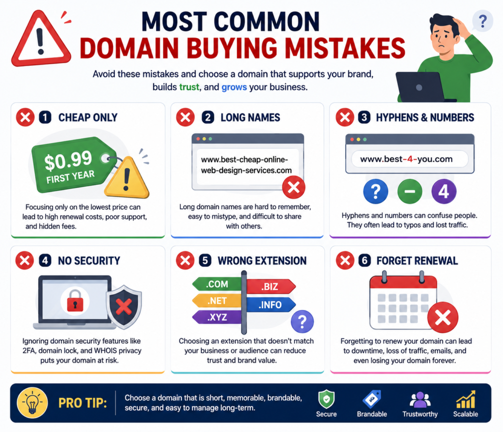 Infographic showing common mistakes people make when buying a domain name.