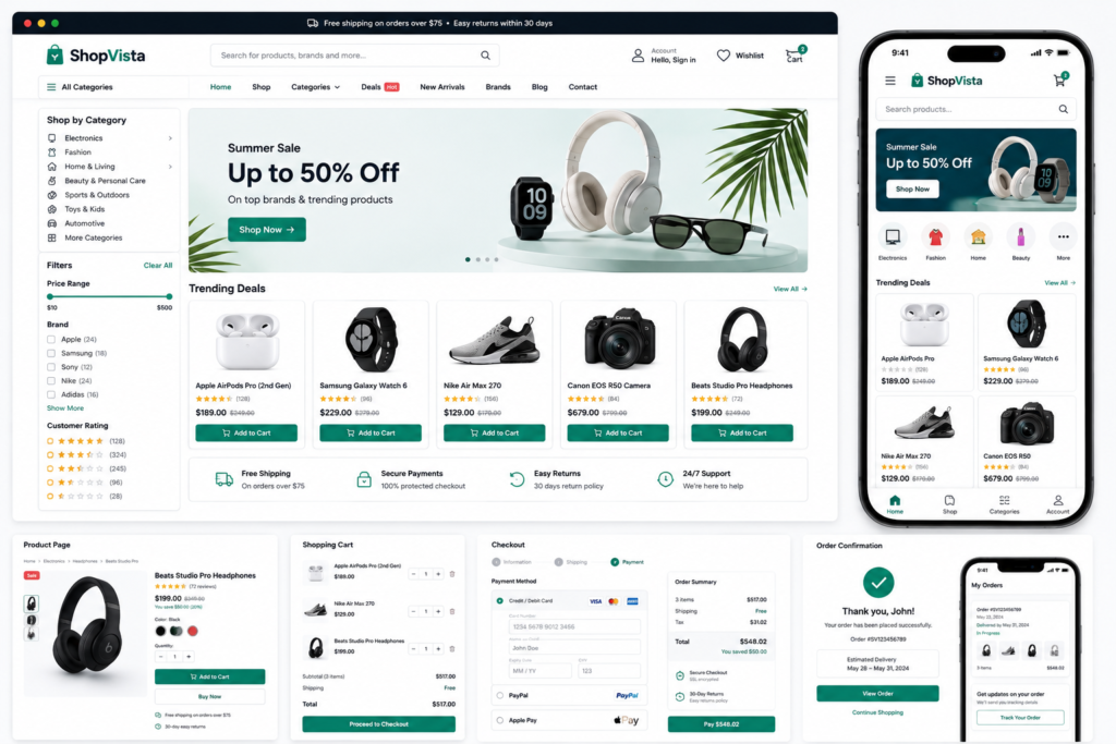 E-commerce website showing products, categories, cart, checkout, payment, and order functionality.