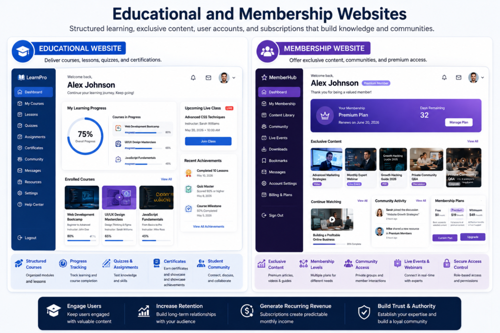 Educational and membership website features including courses, lessons, user accounts, subscriptions, and progress tracking.