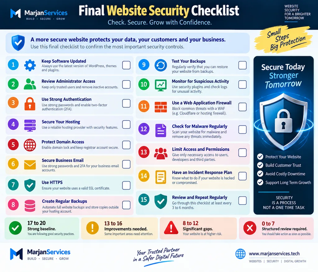 Final website security checklist covering updates administrator access HTTPS backups monitoring ownership and recovery