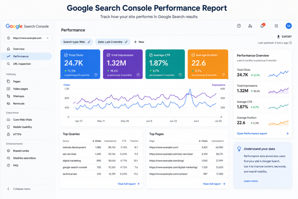 Google Search Console Performance Report displaying clicks, impressions, CTR, and average position