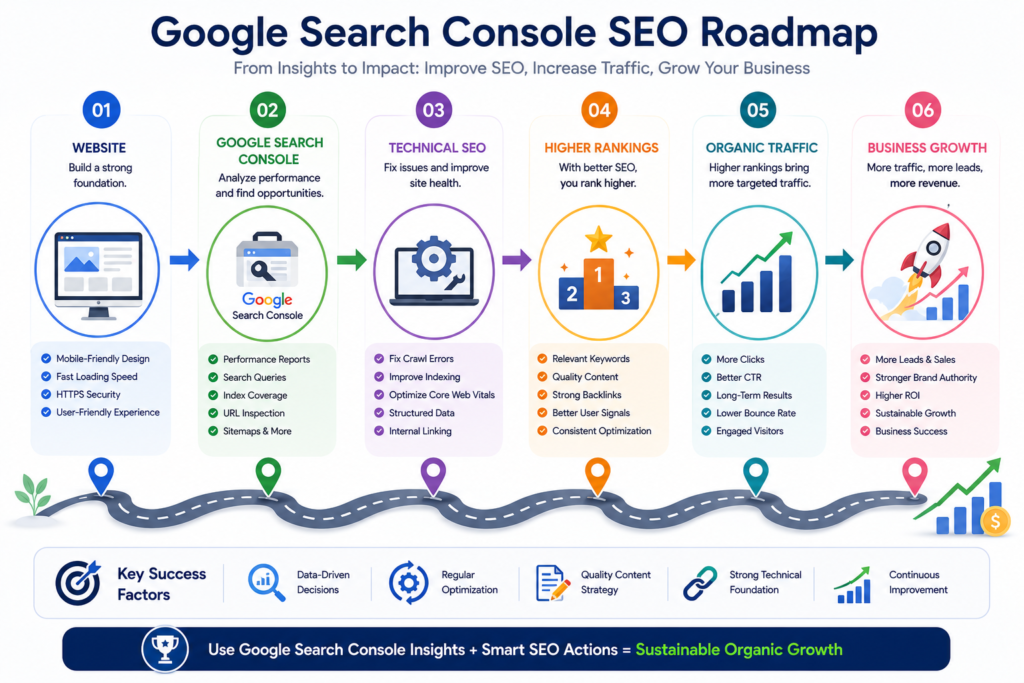 Google Search Console roadmap from technical SEO improvements to higher rankings and business growth