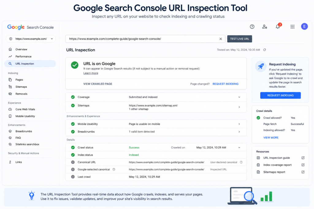 Google Search Console URL Inspection Tool showing crawl and index status