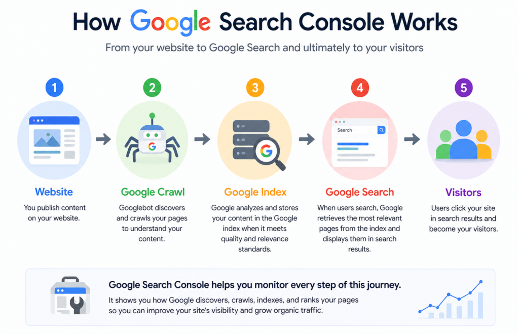 Google Search Console Guide (2026–2027): Diagram showing how Google Search Console connects website crawling, indexing, and search visibility