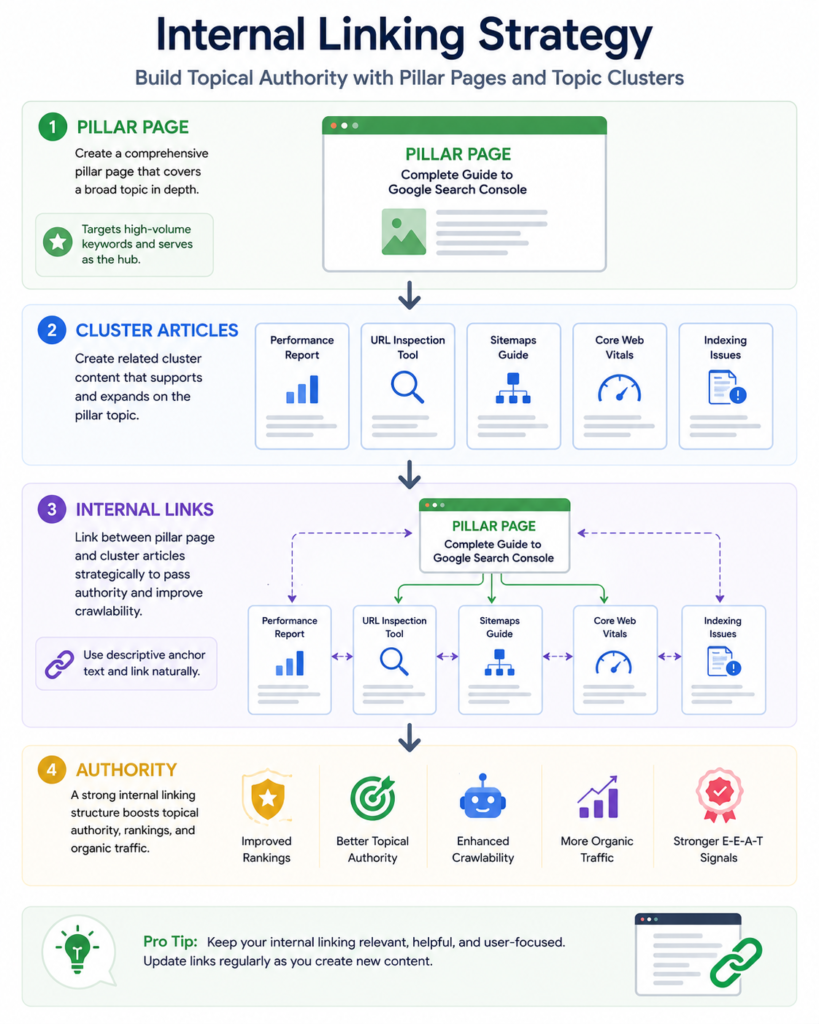 Internal linking strategy using pillar pages and topic clusters