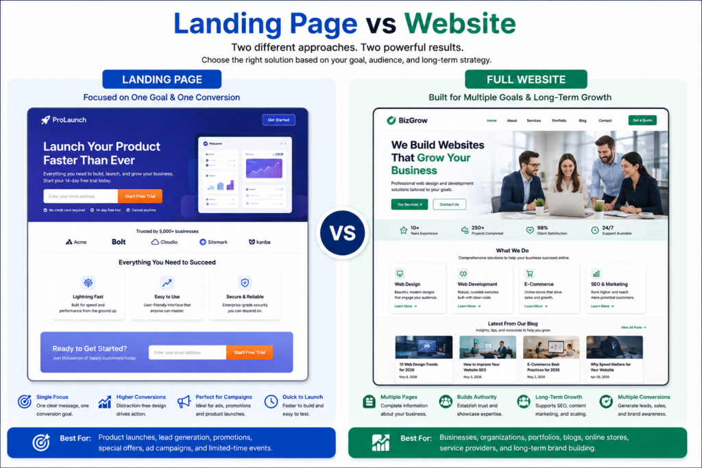 Landing page versus full website comparison showing conversion-focused and multi-page structures.