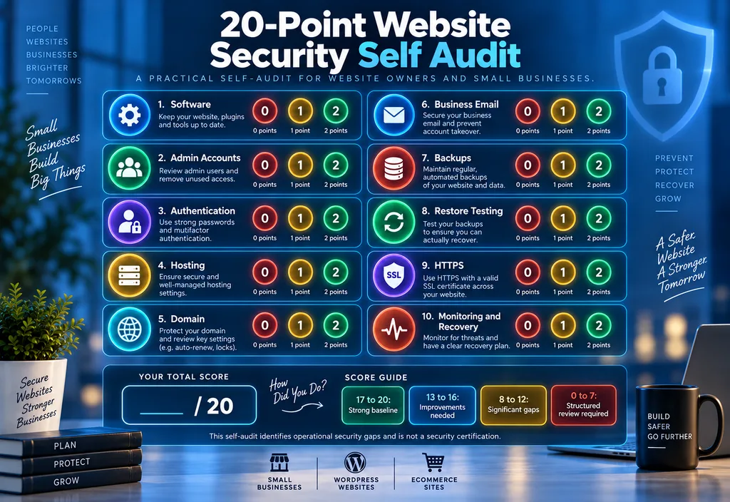 Twenty point website security self audit scoring software accounts authentication hosting backups HTTPS monitoring and recovery