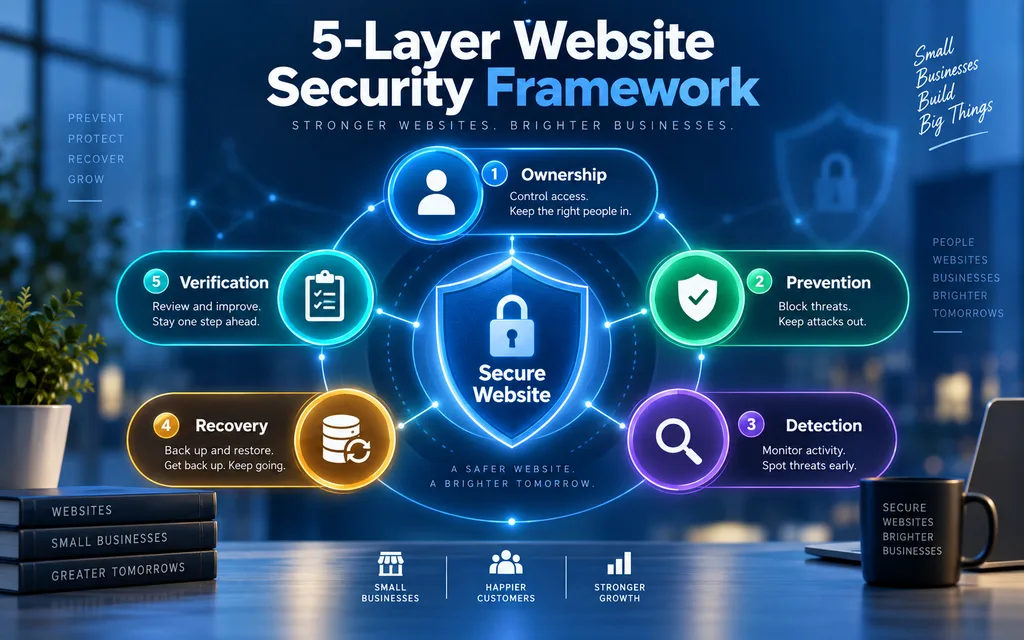 Five layer website security framework covering ownership prevention detection recovery and verification