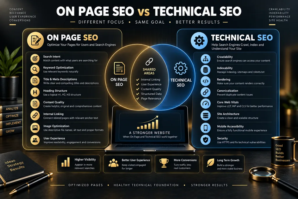 Comparison between on page SEO and technical SEO responsibilities