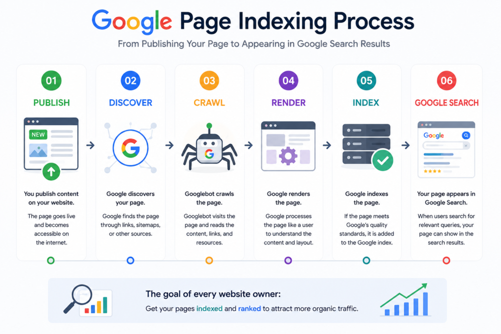 Page indexing workflow from publishing to Google Search