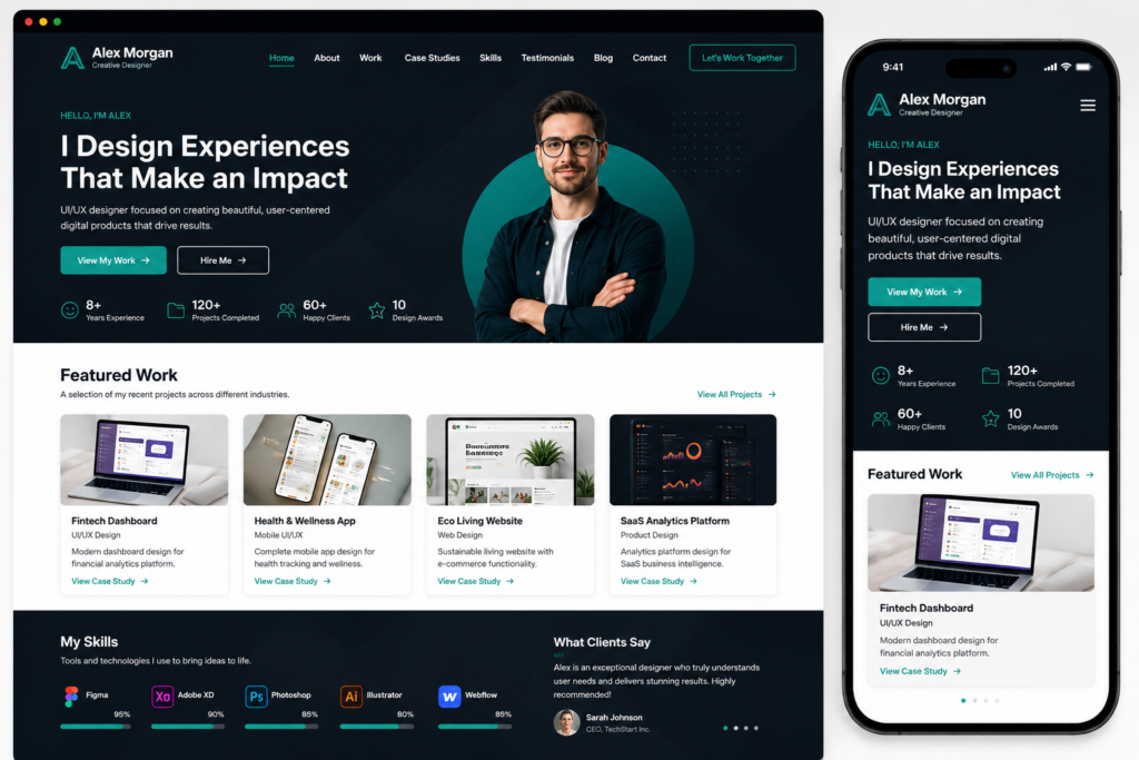 Portfolio website displaying professional projects, case studies, skills, testimonials, and contact options.