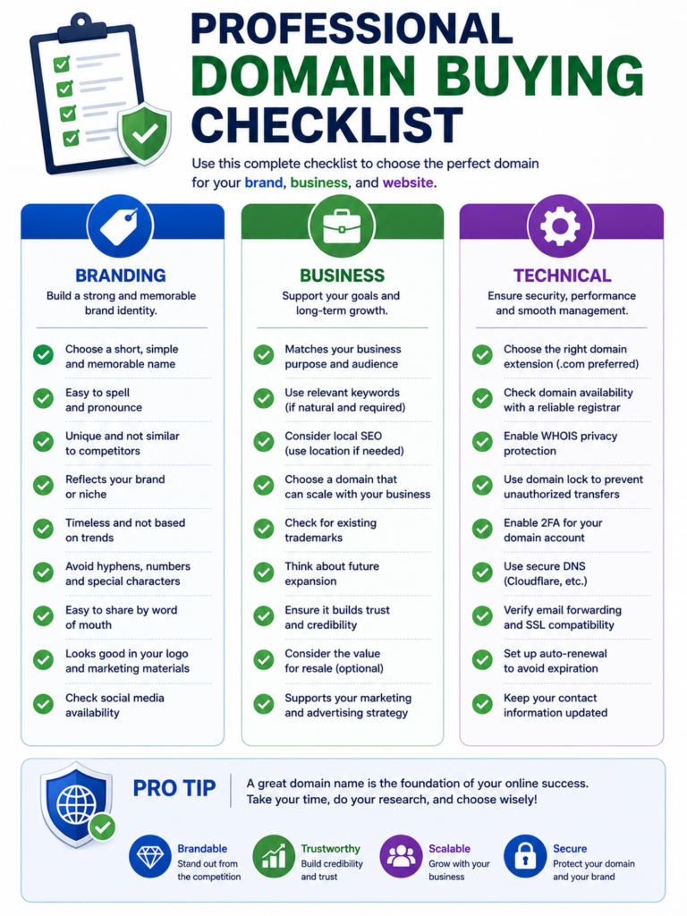 Professional checklist covering branding, business, and technical considerations before buying a domain.