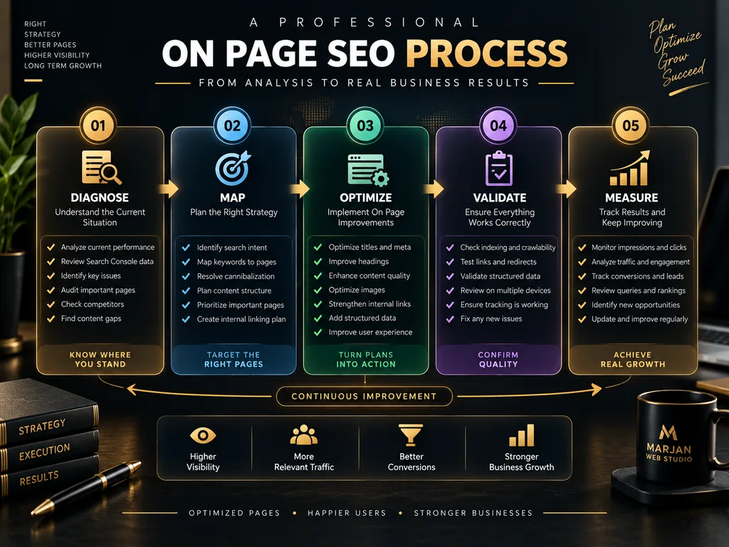 Five phase on page SEO process from diagnosis to performance measurement