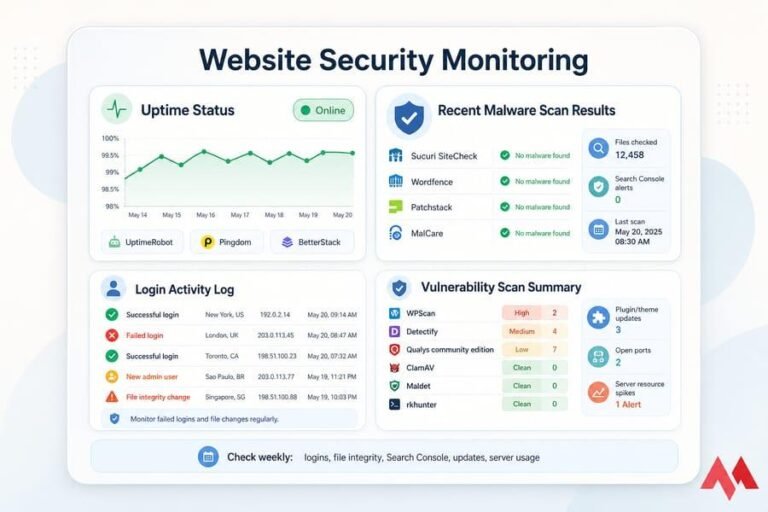Professional website security services showing firewall, malware protection, security monitoring, backups and website audit.