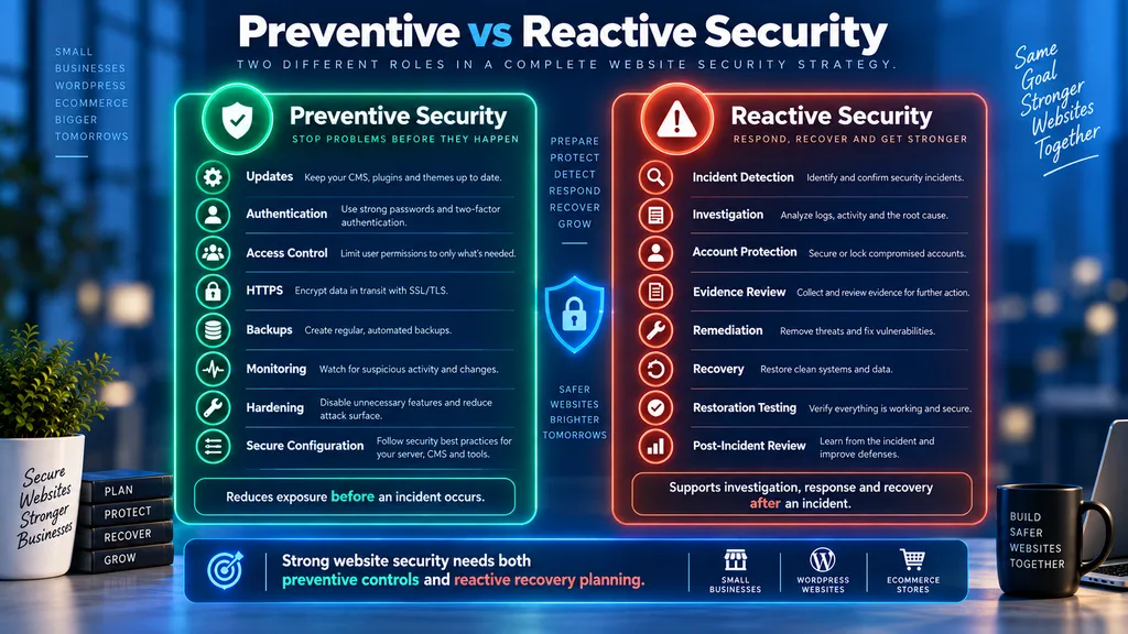 Comparison of preventive and reactive website security controls including updates monitoring incident response and recovery