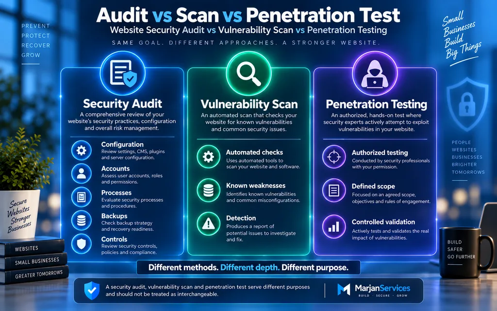 Comparison of website security audit vulnerability scan and penetration testing by purpose depth and method