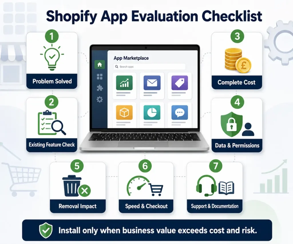Checklist for evaluating Shopify apps, costs, permissions, support, and speed