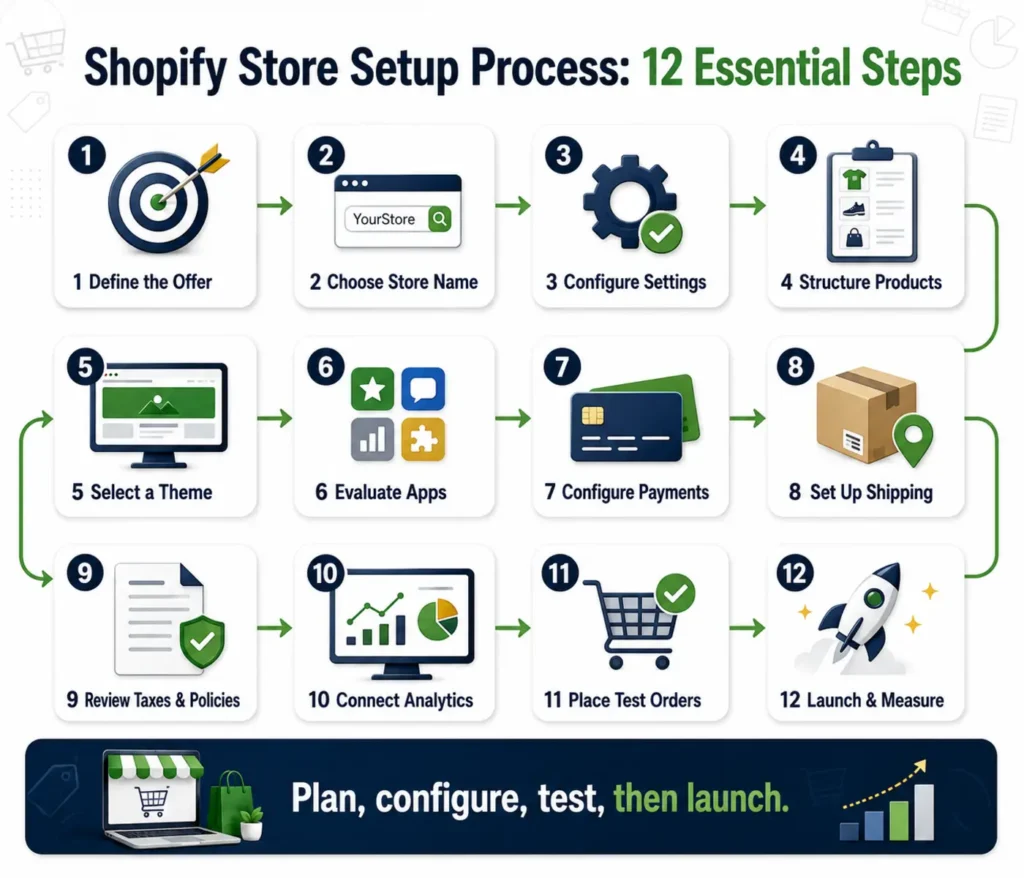 Twelve-step Shopify store setup process from planning to launch
