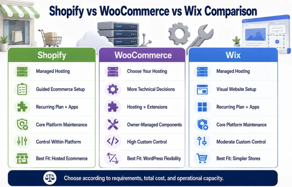 Shopify vs WooCommerce vs Wix comparison for ecommerce businesses