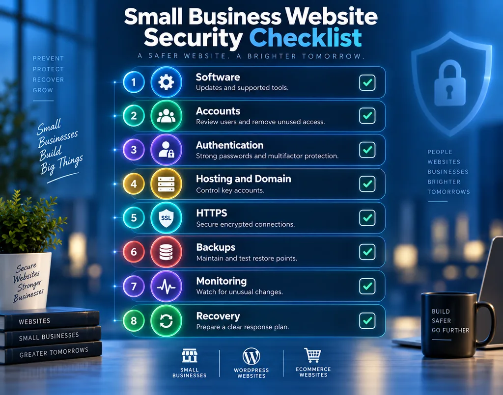 Small business website security checklist covering software accounts authentication hosting HTTPS backups monitoring and recovery