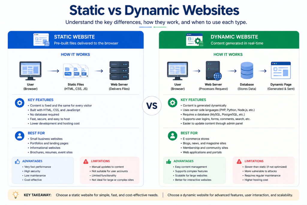 Diagram explaining the difference between static and dynamic websites