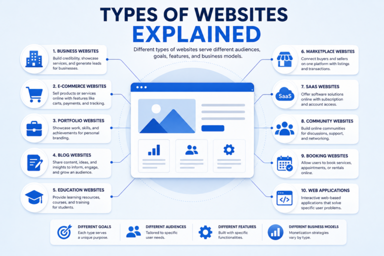 Types of websites explained with business, ecommerce, portfolio, blog, education, marketplace, SaaS, and web application categories.