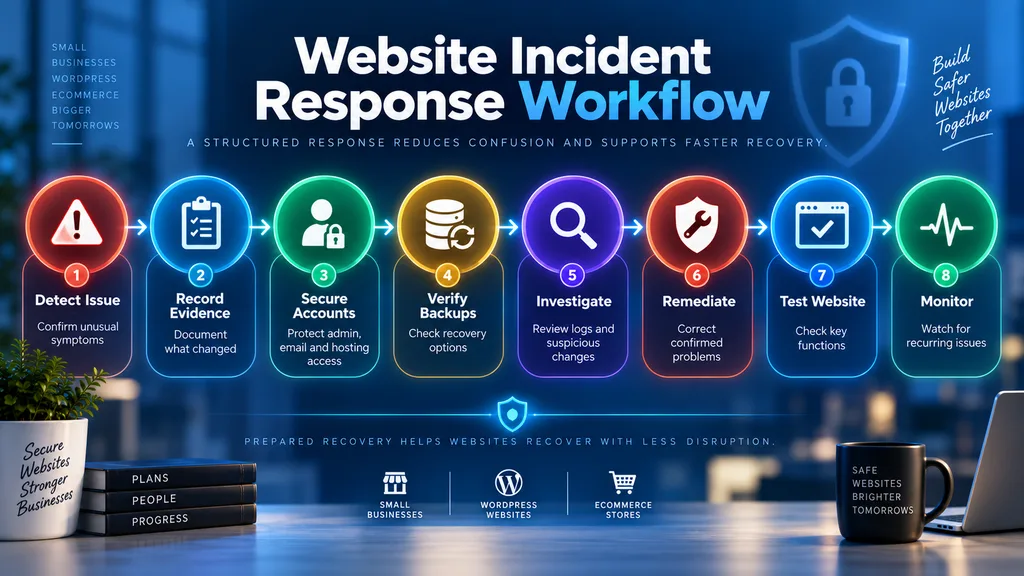 Website incident response workflow from identifying symptoms to securing accounts recovery testing and monitoring