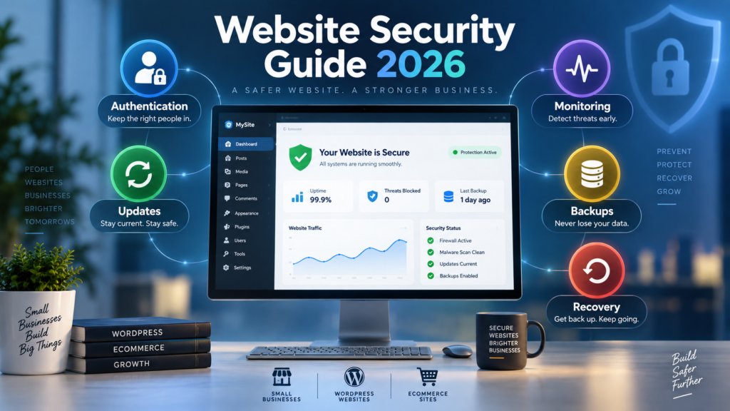 Website security guide showing essential protection layers for business and WordPress websites