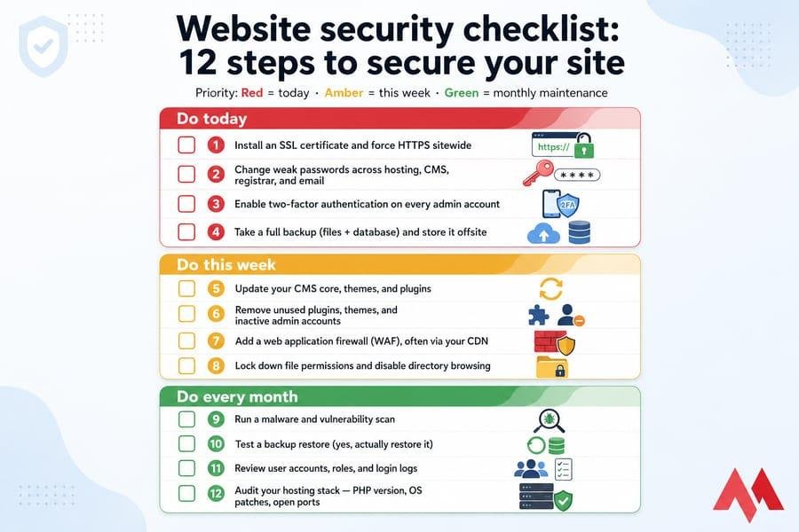 Website security hardening checklist including updates, multifactor authentication and secure configuration.