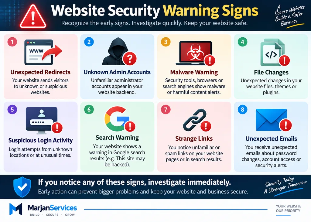 Website security warning signs including unexpected redirects unknown administrators malware alerts and unauthorized changes