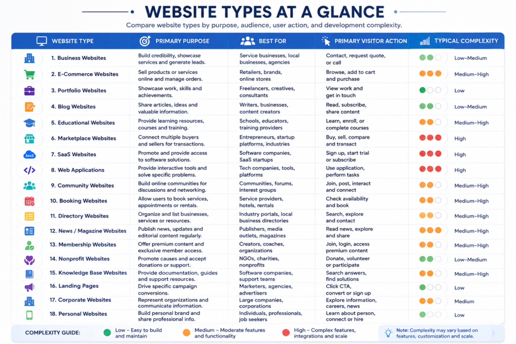 Comparison of common website types by purpose, audience, user action, and development complexity.