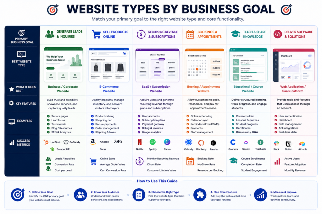 Website types matched with business goals including leads, sales, subscriptions, bookings, education, and software.
