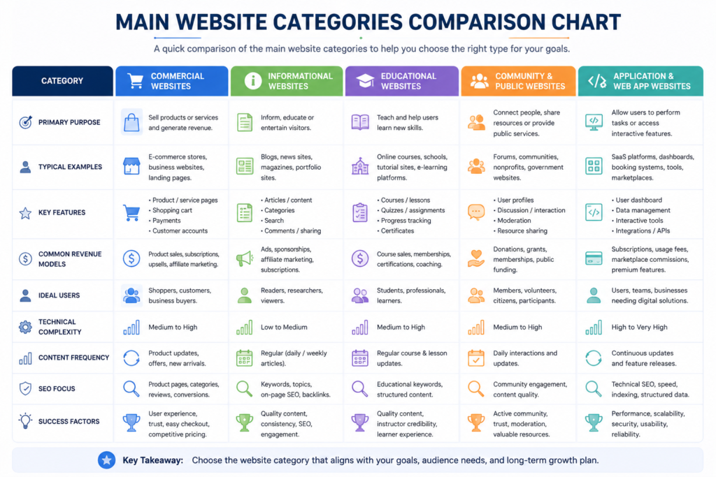 Comparison of commercial, informational, educational,l and application-based website categories